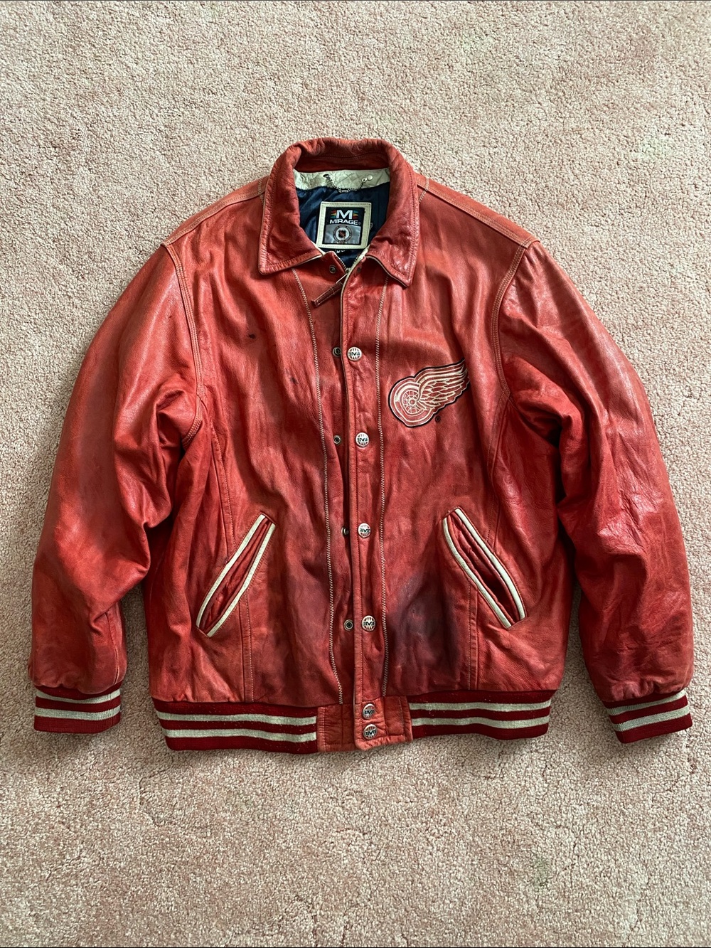 RARE Vintage Mirage NHL Detroit Red Wings Leather Bomber Jacket